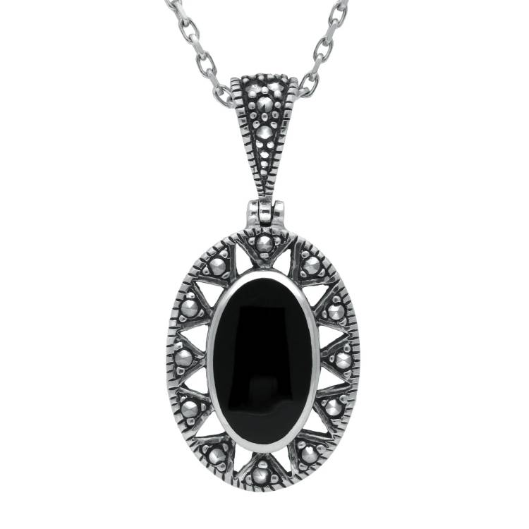 Sterling Silver Whitby Jet Marcasite Oval Necklace - Option1 Value Silver