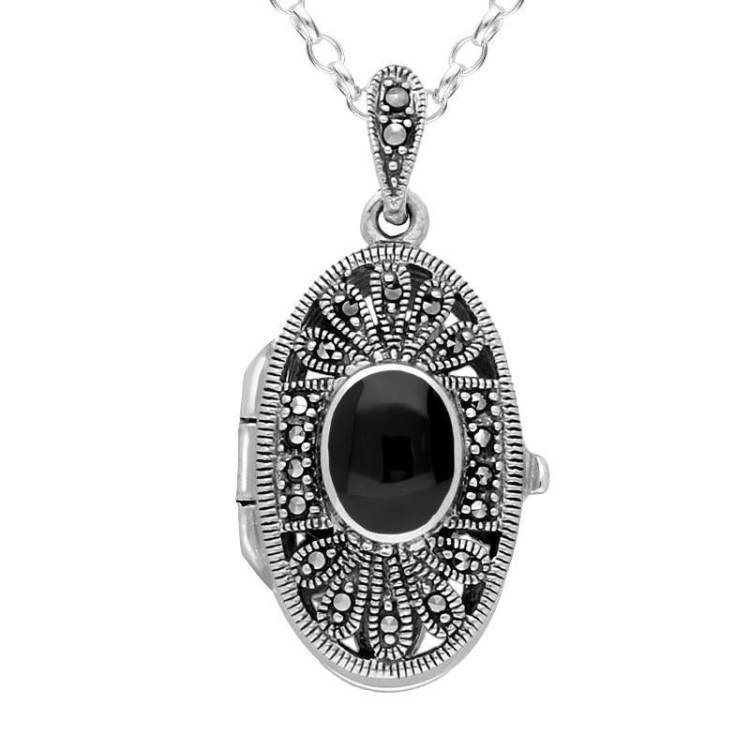 Sterling Silver Whitby Jet Marcasite Oval Floral Locket Necklace - Silver
