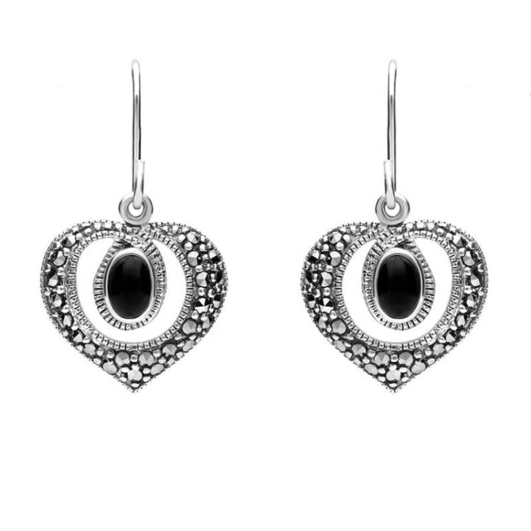 Sterling Silver Whitby Jet Marcasite Oval Swirl Heart Hook Earrings - Option1 Value Silver