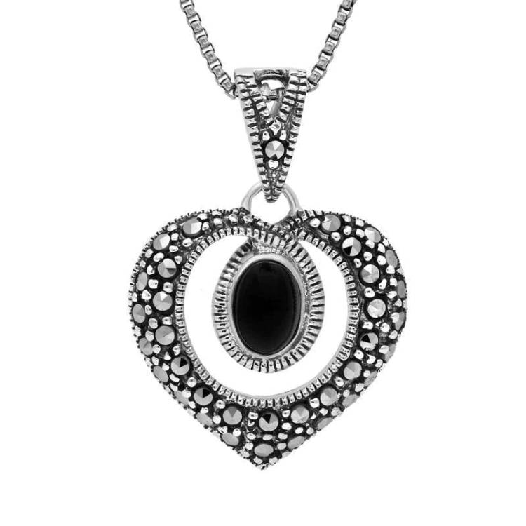 Sterling Silver Whitby Jet Marcasite Oval Swirl Heart Necklace - Option1 Value Silver
