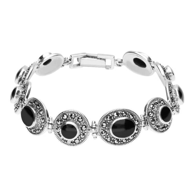 Sterling Silver Whitby Jet Marcasite Oval Link Bracelet - Silver