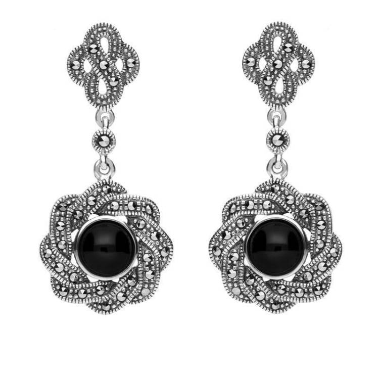 Sterling Silver Whitby Jet & Marcasite Overlap Ribbon Drop Earrings - Silver