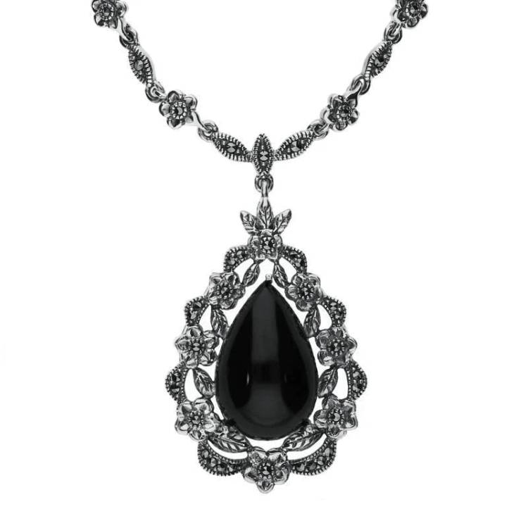 Sterling Silver Whitby Jet Marcasite Pear Cut Floral Necklace - Silver