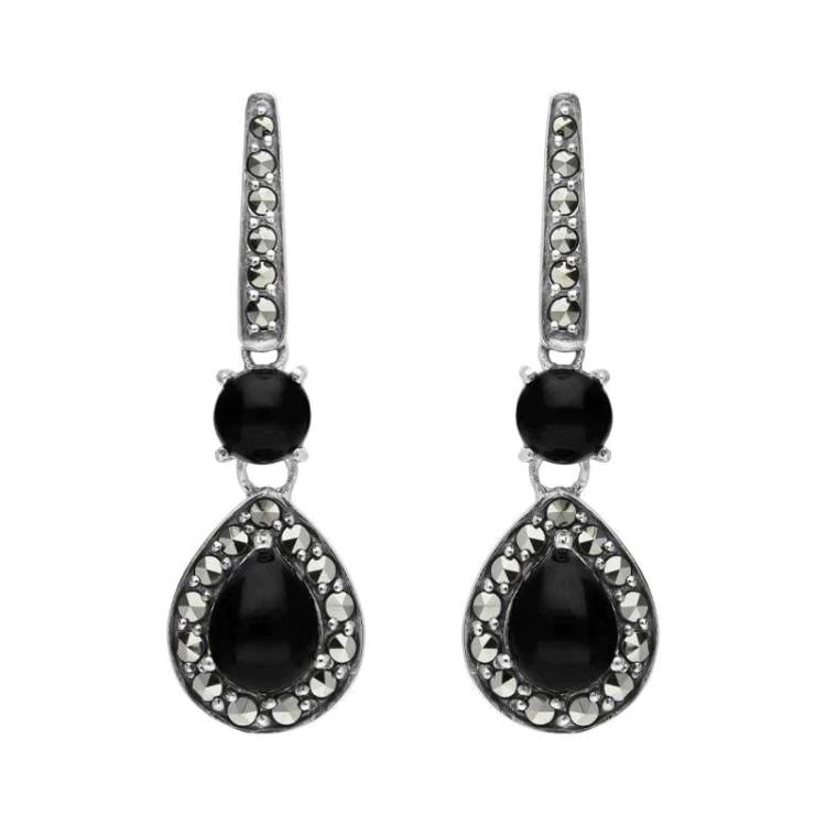 Sterling Silver Whitby Jet Marcasite Pear Drop Earrings