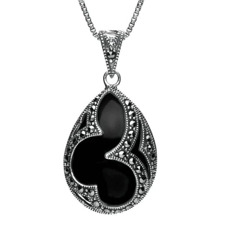 Sterling Silver Whitby Jet Marcasite Pear Drop Necklace - Silver