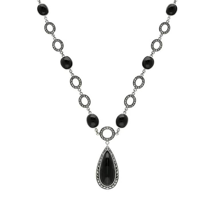 Sterling Silver Whitby Jet Marcasite Pear Drop Oval Chain Necklace - Silver