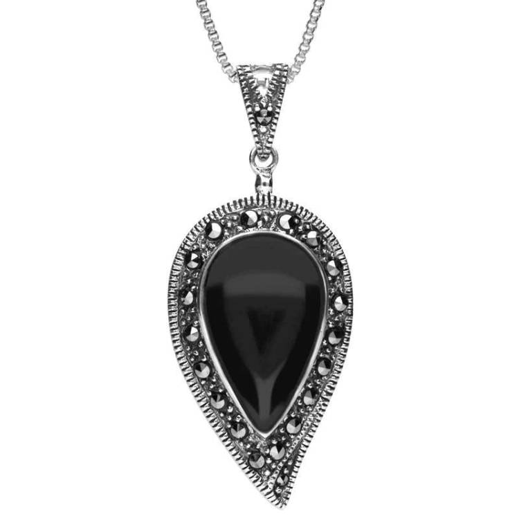 Sterling Silver Whitby Jet Marcasite Pear Necklace - Silver