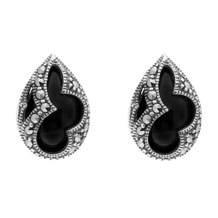 Sterling Silver Whitby Jet Marcasite Pear Shaped Stud Earrings - Silver