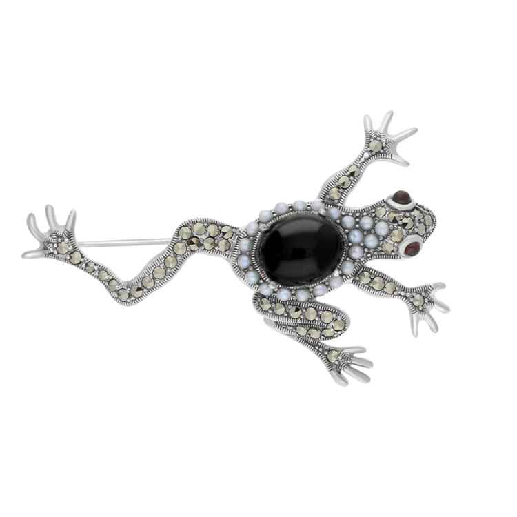 Sterling Silver Whitby Jet Marcasite Pearl Garnet Frog Brooch - Silver