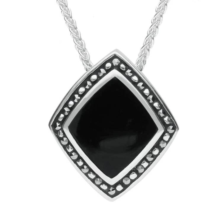 Sterling Silver Whitby Jet Marcasite Rhombus Necklace - Silver