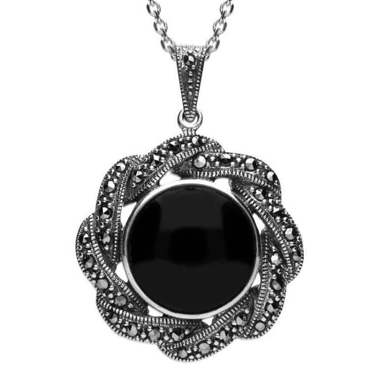 Sterling Silver Whitby Jet Marcasite Ribbon Edge Necklace - Silver