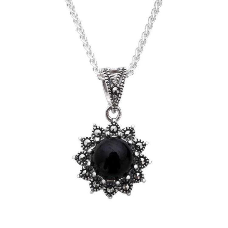 Sterling Silver Whitby Jet Marcasite Round Beaded Edge Necklace - Silver