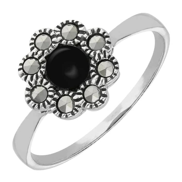 Sterling Silver Whitby Jet Marcasite Round Beaded Edge Ring - Option1 Value Silver