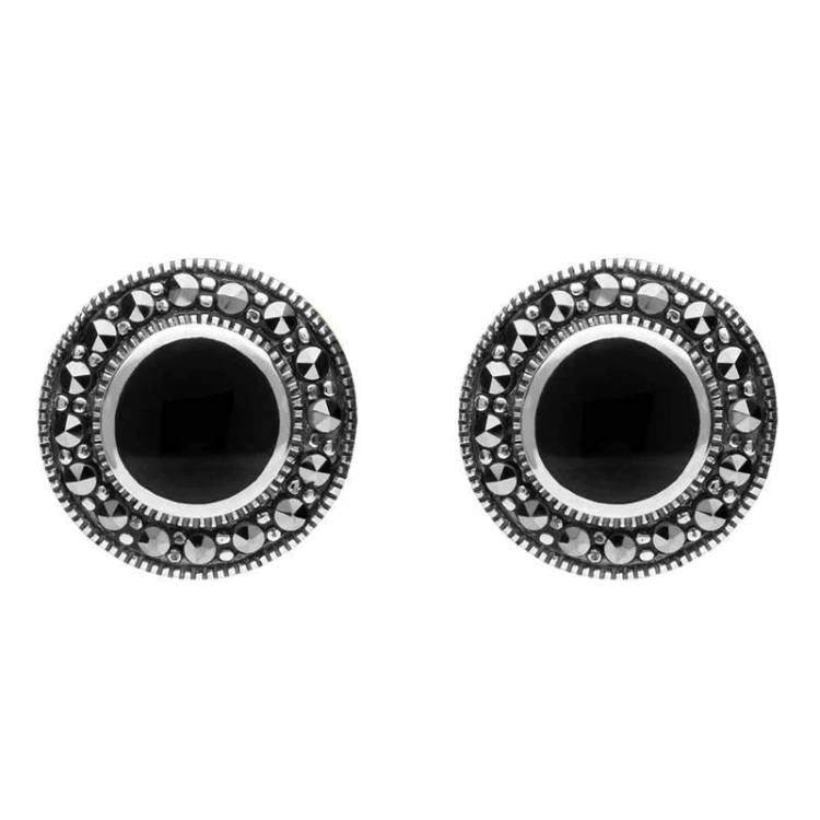 Sterling Silver Whitby Jet Marcasite Round Beaded Edge Stud Earrings - Silver