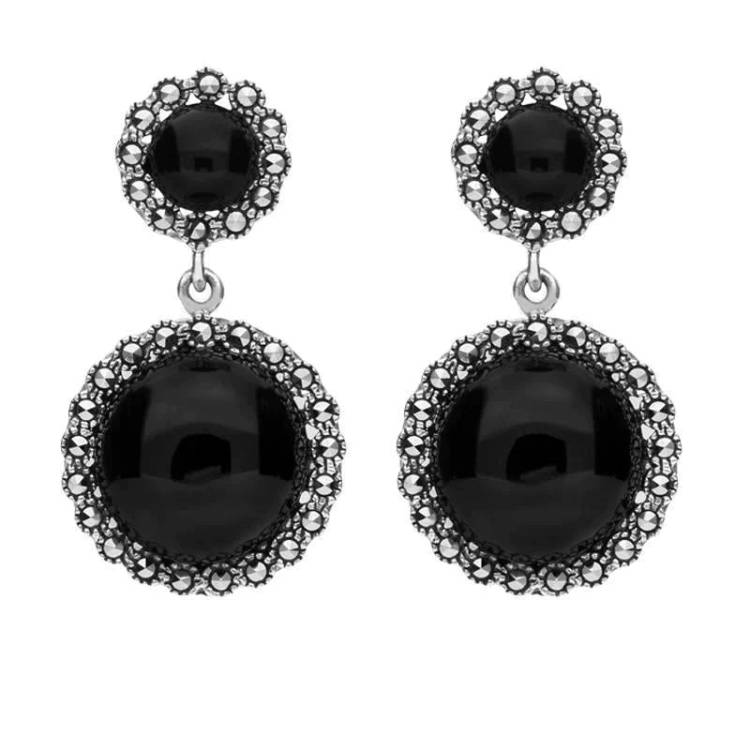 Sterling Silver Whitby Jet & Marcasite Round Double Drop Earrings - Silver