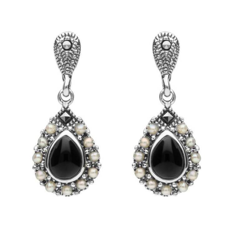 Sterling Silver Whitby Jet Marcasite Pearl Round Edge Bead Drop Earrings - Silver
