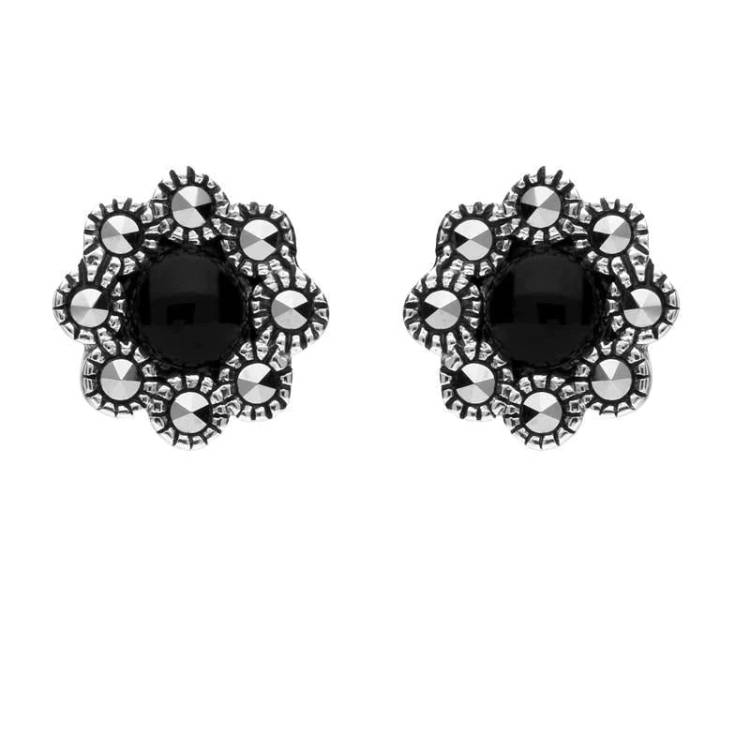 Sterling Silver Whitby Jet Marcasite Round Edge Bead Stud Earrings - Silver