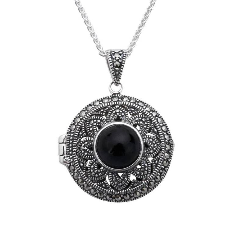 Sterling Silver Whitby Jet Marcasite Round Floral Locket Necklace - Silver