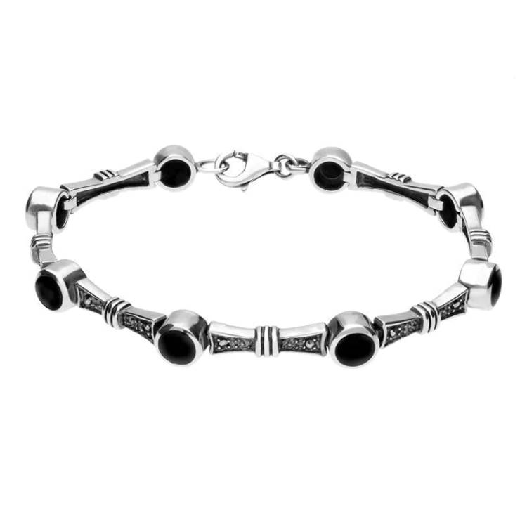 Sterling Silver Whitby Jet Marcasite Eight Stone Round Link Bracelet - Silver