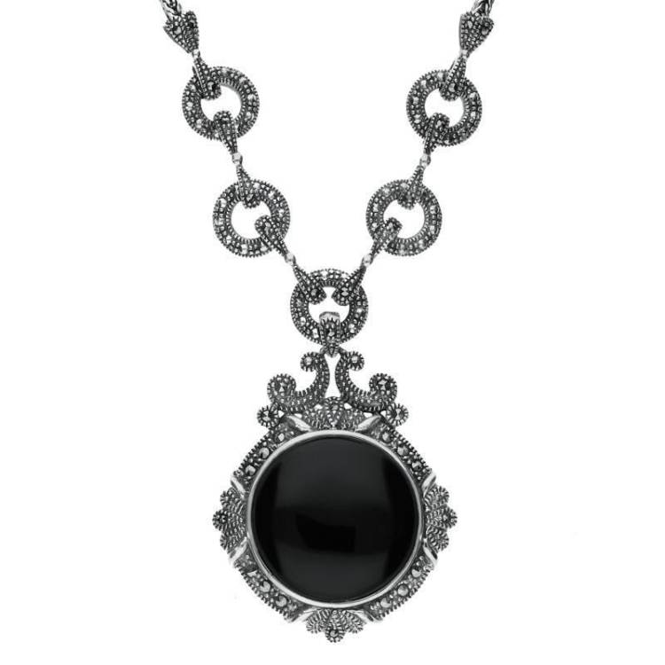 Sterling Silver Whitby Jet Marcasite Round Ornate Necklace - Silver