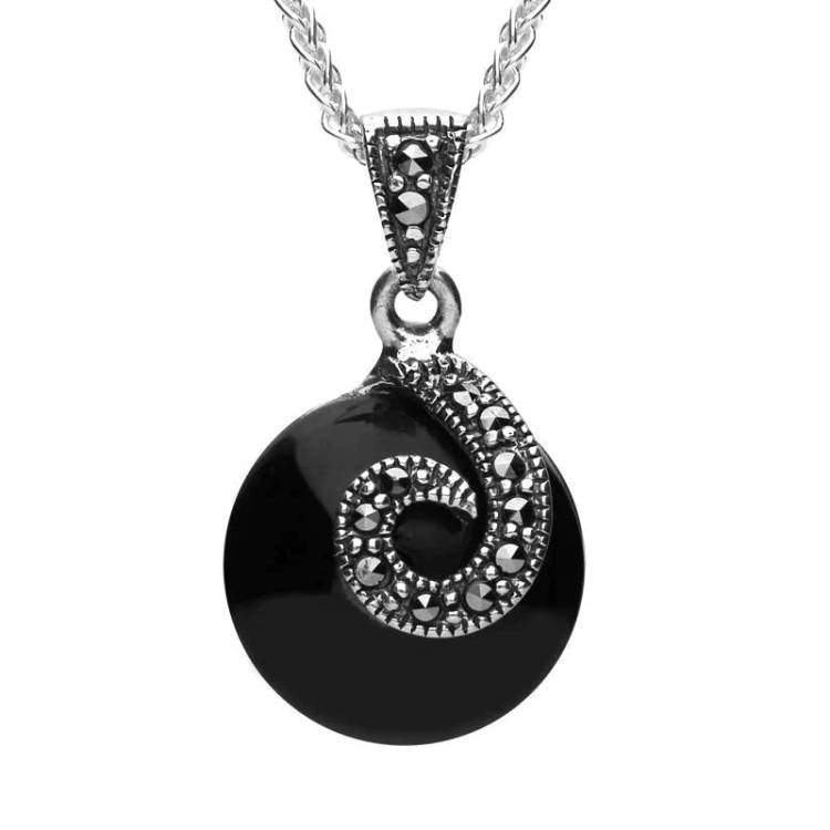 Sterling Silver Whitby Jet Marcasite Round Spiral Necklace - Silver
