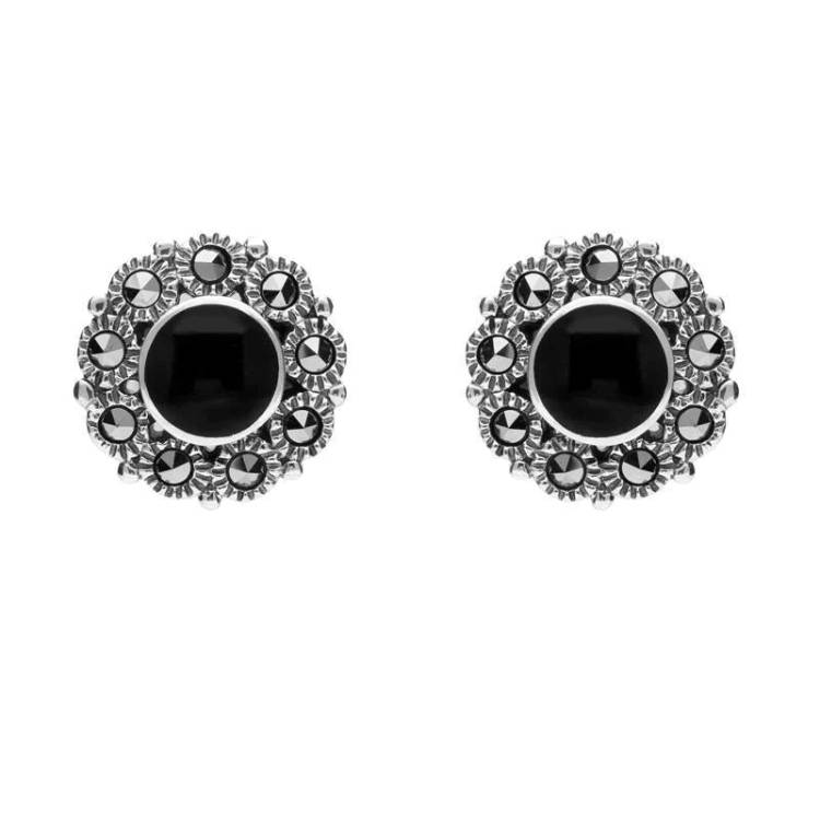 Sterling Silver Whitby Jet Marcasite Round Stud Earrings - Silver