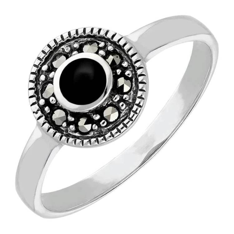 Sterling Silver Whitby Jet Marcasite Beaded Edge Ring - Silver