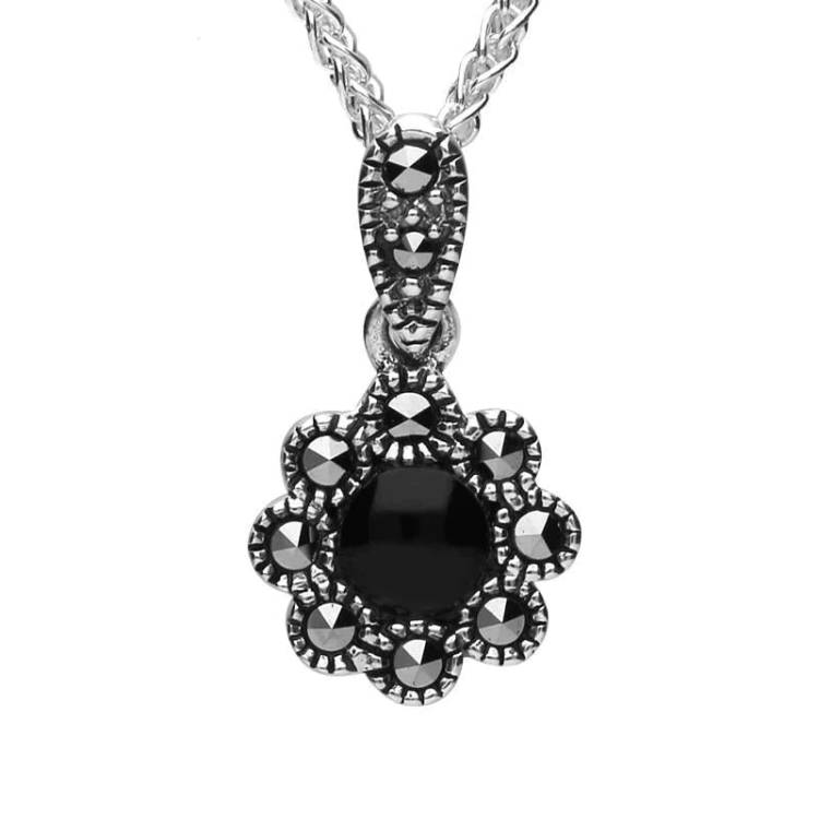 Sterling Silver Whitby Jet Marcasite Rounded Bead Edge Necklace - Silver