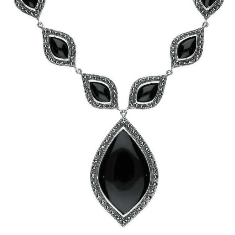 Sterling Silver Whitby Jet Marcasite Seventeen Pear Drop Necklace - Silver