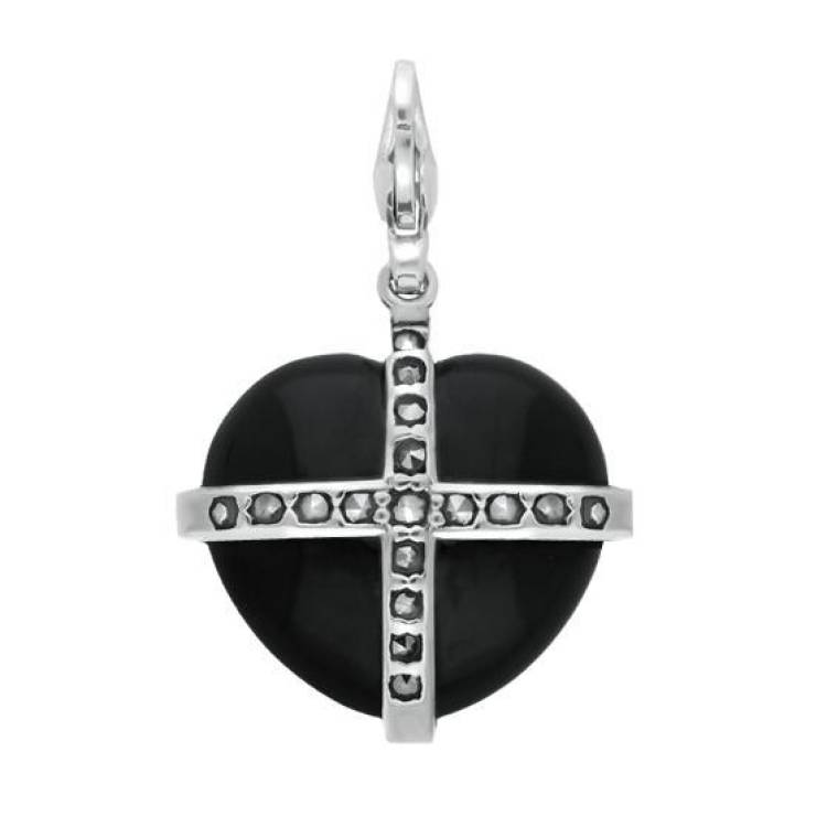 Sterling Silver Whitby Jet Marcasite Small Cross Heart Charm - Silver