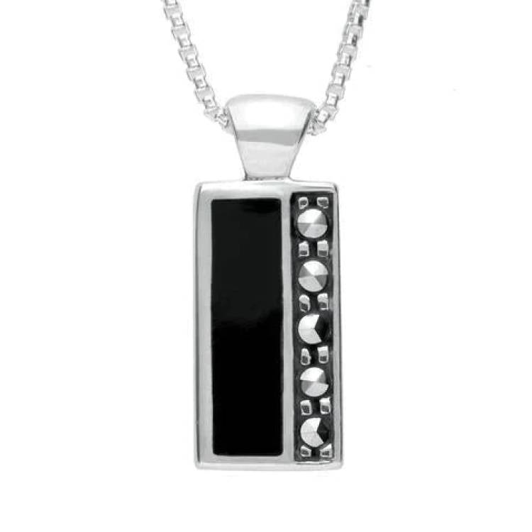 Sterling Silver Whitby Jet Marcasite Small Oblong Necklace - Silver