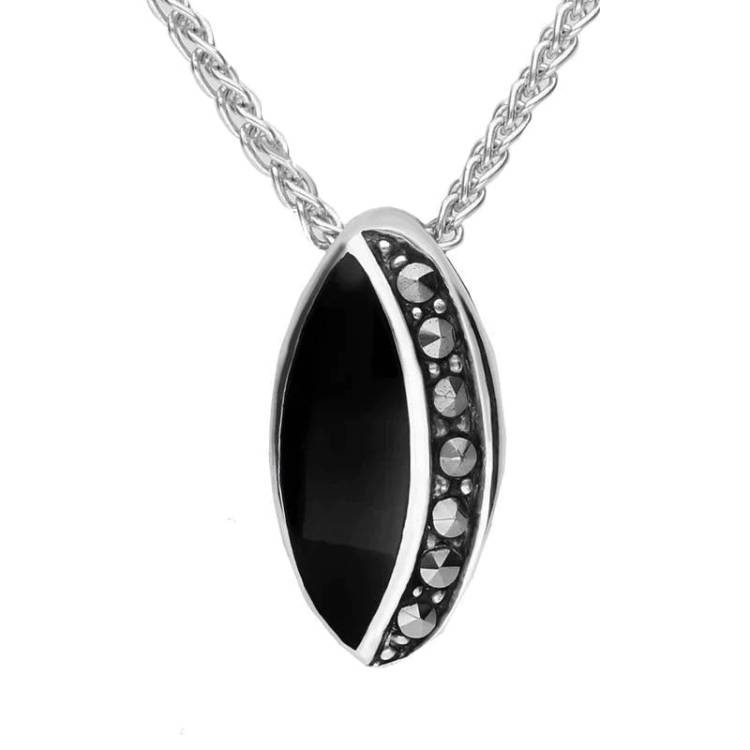 Sterling Silver Whitby Jet Marcasite Small Oval Necklace - Silver