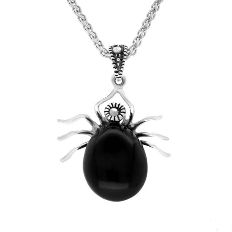 Sterling Silver Whitby Jet Marcasite Spider Necklace - Silver