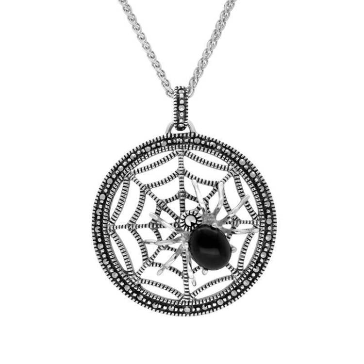 Sterling Silver Whitby Jet Marcasite Spider Web Necklace - Silver