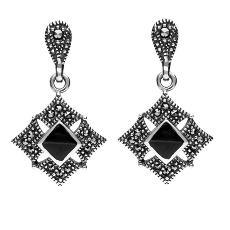 Sterling Silver Whitby Jet Marcasite Square Drop Stud Earrings - Silver