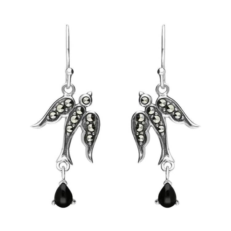 Sterling Silver Whitby Jet Marcasite Swallow Drop Earrings - Silver