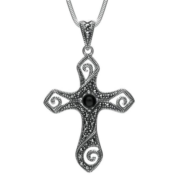 Sterling Silver Whitby Jet Marcasite Swirl Cross Necklace - Silver