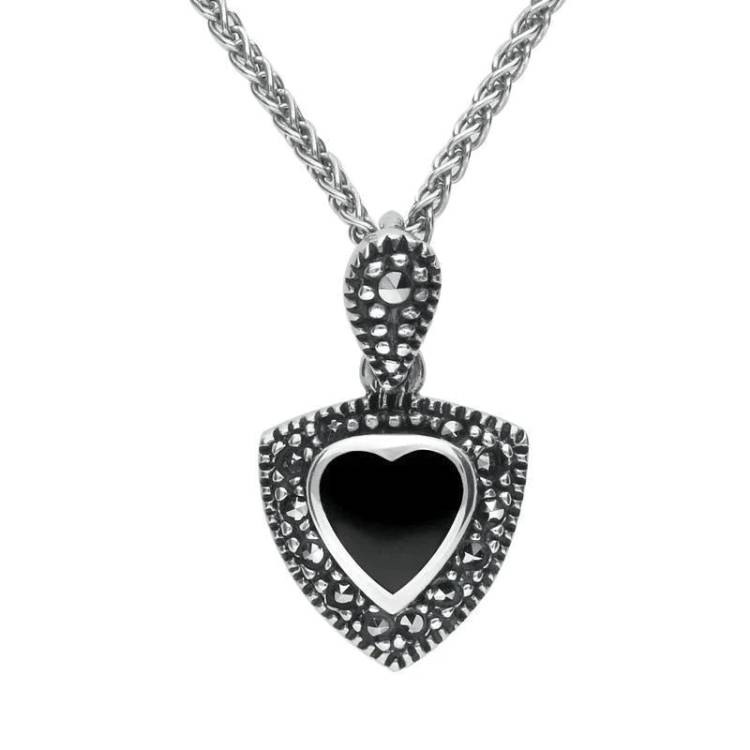 Sterling Silver Whitby Jet Marcasite Triangle Heart Necklace - Silver