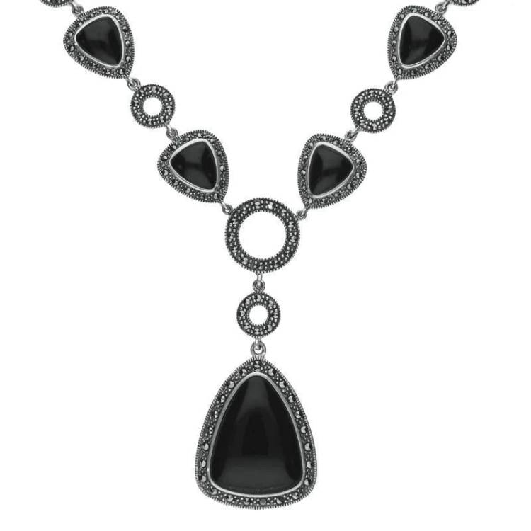 Sterling Silver Whitby Jet Marcasite Triangular Thirteen Stone Necklace - Silver
