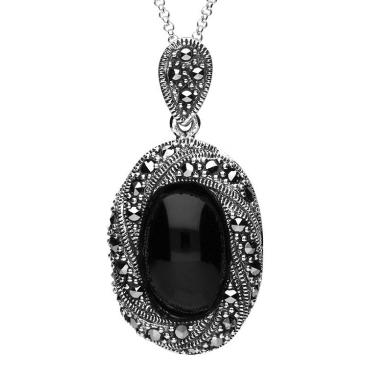 Sterling Silver Whitby Jet Marcasite Twisted Edge Necklace - Silver