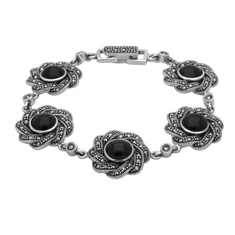 Sterling Silver Whitby Jet & Marcasite Twisted Ribbon Bracelet - Silver