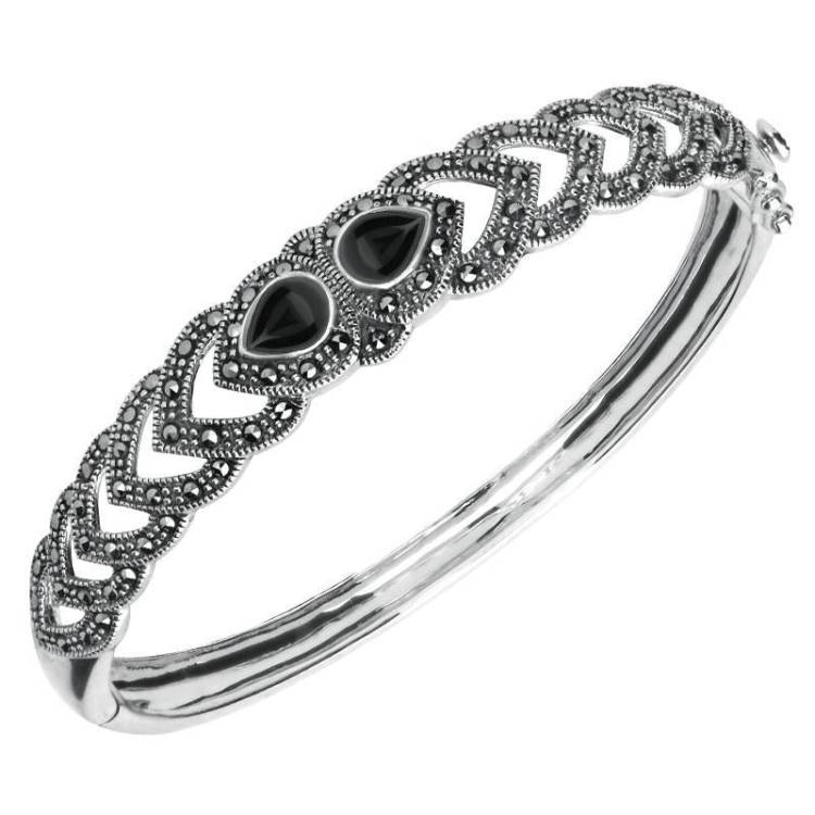 Sterling Silver Whitby Jet & Marcasite Two Stone Pear Bangle - Silver