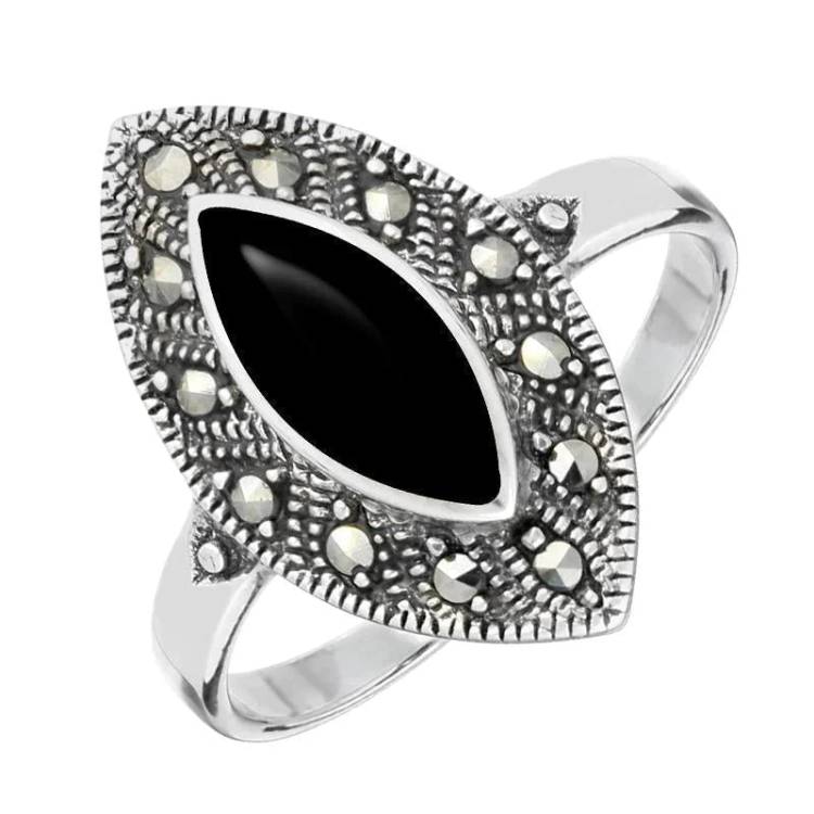 Sterling Silver Whitby Jet Marcasite Vintage Edge Marquise Ring - Silver