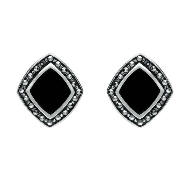 Sterling Silver Whitby Jet Marcasite Wide Rhombus Framed Stud Earrings - Silver