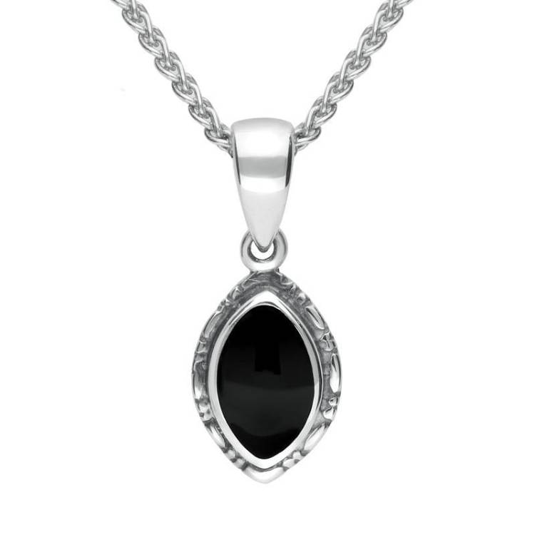 Sterling Silver Whitby Jet Marquise Bead Edge Necklace - Silver