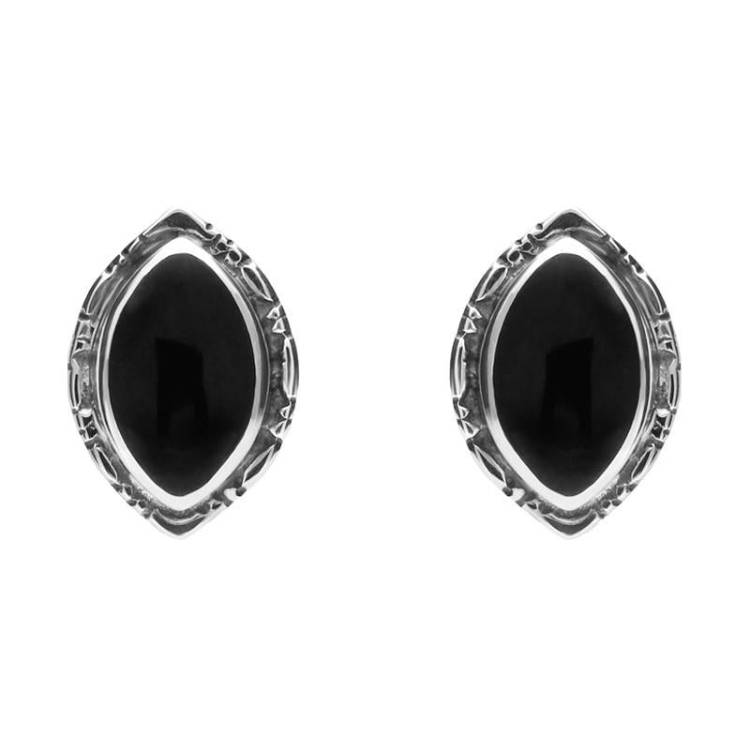 Sterling Silver Whitby Jet Marquise Beaded Edge Stud Earrings - Silver