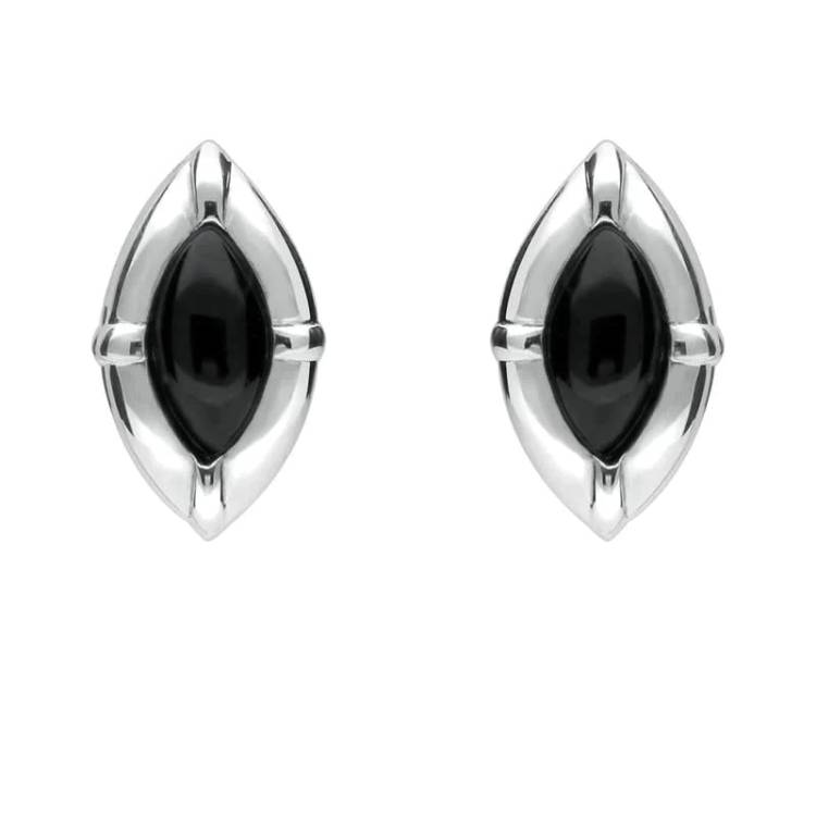 Sterling Silver Whitby Jet Marquise Beaded Edge Stud Earrings