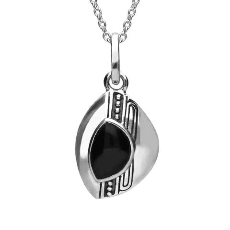 Sterling Silver Whitby Jet Marquise Beaded Line Necklace - Silver