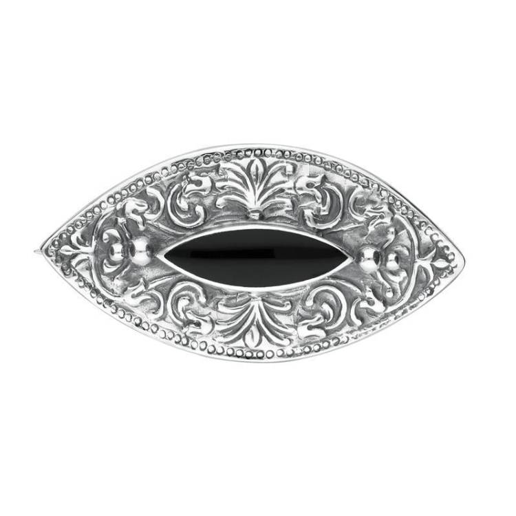 Sterling Silver Whitby Jet Marquise Celtic Brooch - Silver