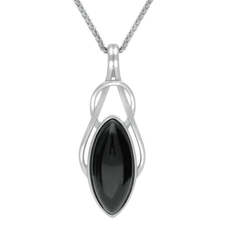 Sterling Silver Whitby Jet Marquise Celtic Twist Necklace - Silver